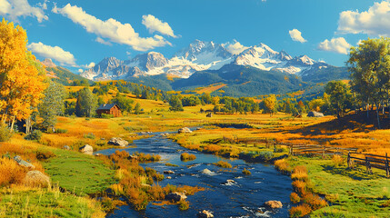 Autumnal mountain valley stream, ranch, scenic background, travel poster