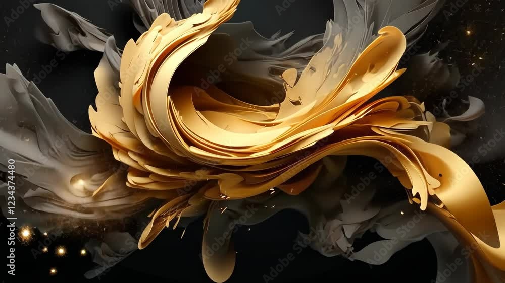 Poster vivid swirling shapes in bold yellow and deep grey interact fluidly against a dark backdrop, creatin