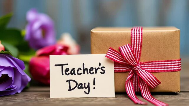 Gift box with red ribbon and Teacher's Day card on wooden table, flowers in background