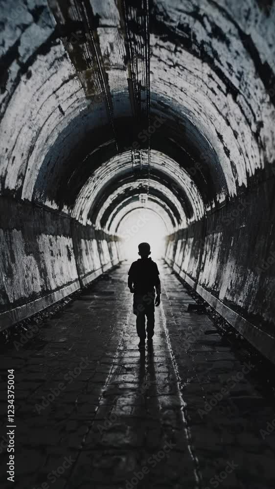 Poster a moody perspective capturing the boy’s back as he walks deeper into the tunnel, drawn toward a lumi