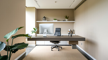 A modern minimalist office with a floating desk and no clutter