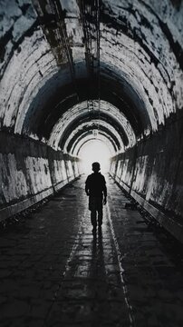 A moody perspective capturing the boy&rsquo;s back as he walks deeper into the tunnel, drawn toward a luminous opening in the distance. --z1
