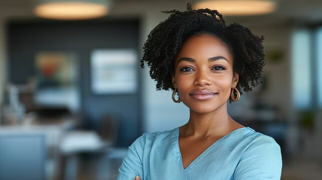 A young woman with natural curls stands confidently in a contemporary office space. She wears a light blue sweater and gold hoop earrings, showcasing a professional demeanor - Powered by Adobe