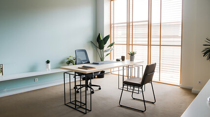 A modern minimalist office with a floating desk and no clutter