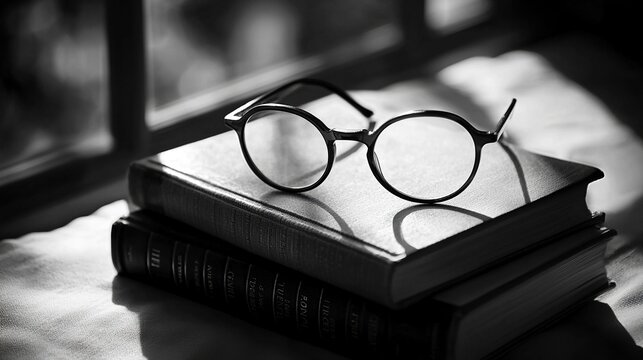 Glasses resting on a stack of vintage books in a softly blurred setting