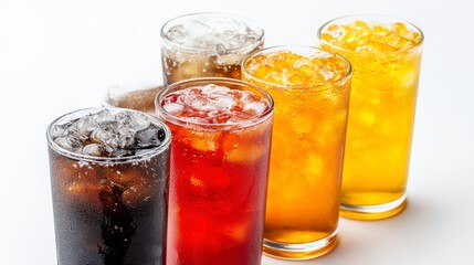 Refreshing Cold Soft Drinks with Ice in Glasses, Assorted Carbonated Beverages in Cola, Red Fruit Soda, and Citrus Flavors, Summer Thirst-Quenching Fizzy Drinks on White Background