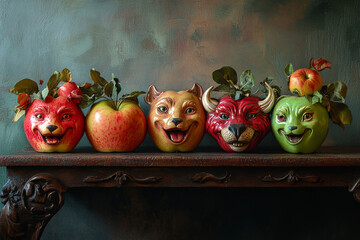 A collection of handcrafted animal head figurines embedded in apples, featuring a bear, dog, devil, and other faces, showcasing creativity and whimsical artistry