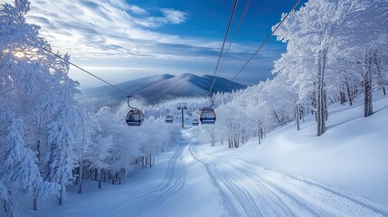 Cable cars rise over snowy mountain slopes at a popular winter resort. -