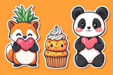 Fototapeta premium Cute fox, panda, cupcake holding hearts; Valentine's Day card