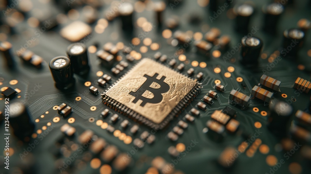 Poster close-up view of a microchip featuring the bitcoin symbol, highlighting the connection between techn