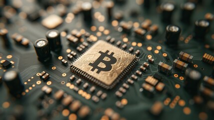Obraz premium Close-up view of a microchip featuring the Bitcoin symbol, highlighting the connection between technology and cryptocurrency. The intricate details of the circuit provide insight into digital finance