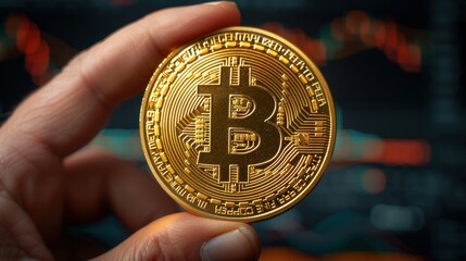 A person holds a shiny Bitcoin in hand, showcasing its reflective surface. Behind, digital trading charts represent active cryptocurrency market fluctuations during trading hours