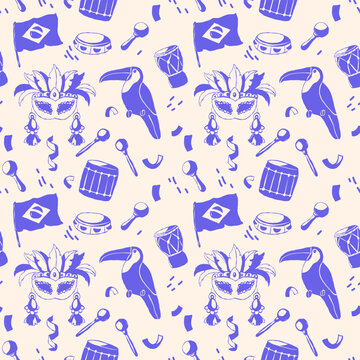 Brazilian Carnival seamless pattern with hand drawn carnival masks, musical instruments