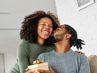 gift woman man couple happy love happiness present surprise romantic smiling together girlfriend...