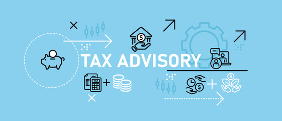Tax Advisory conceptual consulting strategy bank payment regulation advice financial management income salary analysis design icon outline set collection