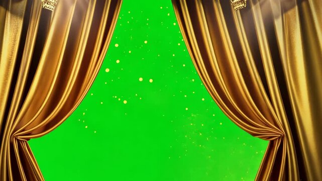 Golden stage curtains open over a chroma key green background
