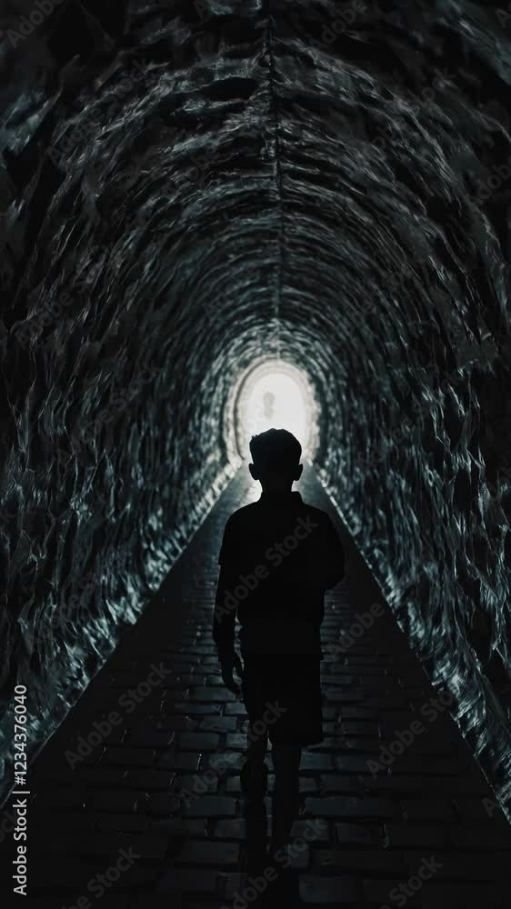 Poster A low-light highlighting only the outlines of the boy and the texture of the tunnel, while the bright exit forms a stark silhouette around him.
