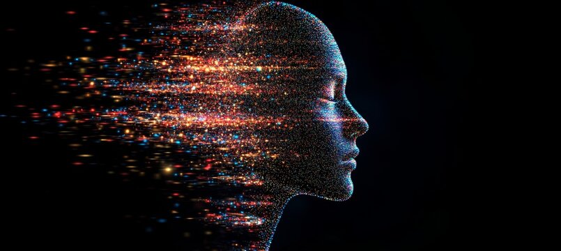 Digital Particles Forming a Human Profile with Streaks of Light, Dark Background, 3D Render