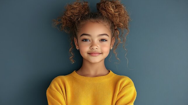 A girl with vibrant curly hair exudes confidence while standing against a blue backdrop. Dressed in a cozy yellow sweater, her smile radiates joy and approachability