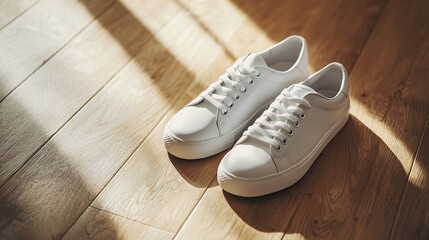 Neatly arranged white sneakers on a wooden floor with natural light