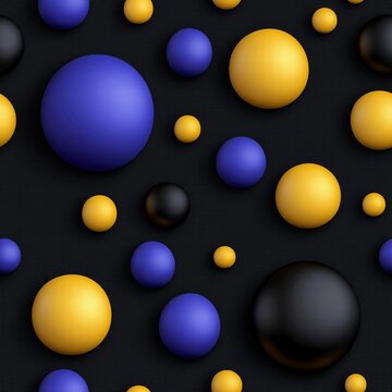 Abstract 3D Spheres in Blue, Gold, and Black on a Dark Background, Futuristic Minimalist Design, Modern Geometric Pattern, Elegant Digital Art with Floating Glossy Balls in a Seamless Composition