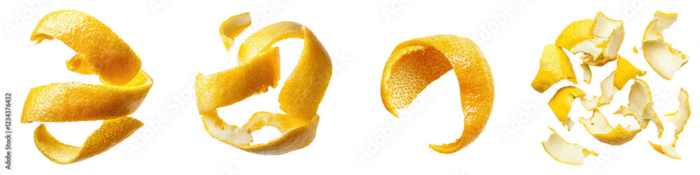 Poster citrus peels arranged in various shapes on a white background showcasing vibrant yellow hues and fre