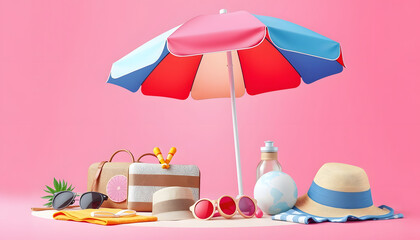 Summer escape: vibrant beach umbrella and travel essentials on pink background - 3d illustration for vacation concept , with white tonespng