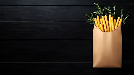 Golden French Fries in Brown Paper Bag on Dark Wood