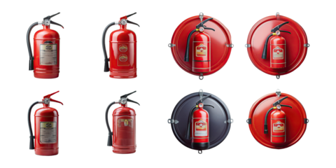 Red Fire Extinguishers in Various Designs and Styles, PNG collection, set bundle, isolate on transparent or white background