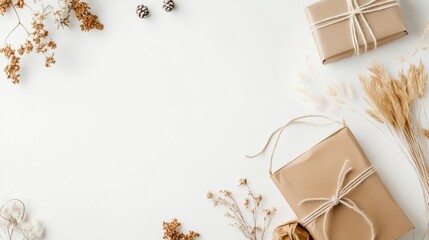 Beautifully Wrapped Presents with Dry Flowers and Pine Cones on a Minimalist Background for Creative Gift Giving or Seasonal Decoration Ideas