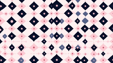 Abstract geometric pattern with pink, navy, and white diamond shapes and circles.
