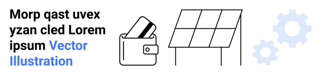 Wallet with cards, solar panel array, gears. Ideal for green energy, fintech, eco-friendly investments, sustainable finance, technology integration energy solutions innovation. Landing page