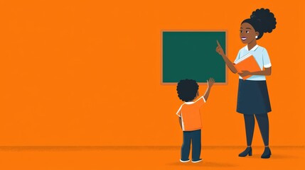 Engaging teacher instructing young student in classroom setting with vibrant orange background and chalkboard illustration