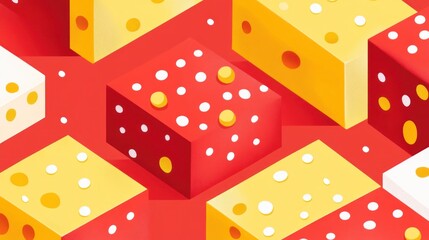 Isometric illustration of red and yellow cheese cubes on a red background.
