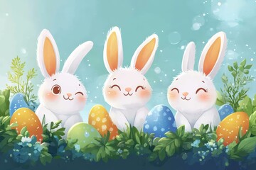 Three cheerful rabbits among colorful eggs in a lush spring garden setting
