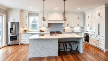 Beautiful kitchen in new luxury home with waterfall island, quartz counter tops, farmhouse sink, and hardwood floors , with white tonespng