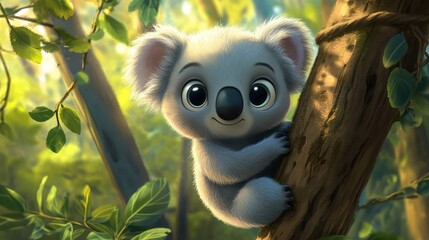 Cute koala cub on tree, sunlit forest, wildlife illustration, children's book