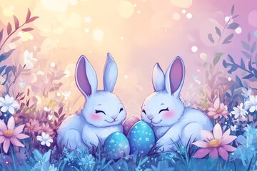Obraz premium Two playful bunnies share colorful eggs in a vibrant spring garden filled with flowers and soft pastel colors