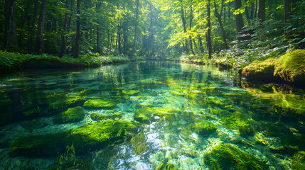 Fototapeta premium Crystal clear stream in lush green forest, sunlit, calm. Nature wallpaper