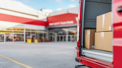 Delivery truck parked at store entrance with packages, blurred background.