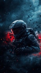 A lone soldier emerges from a fiery, apocalyptic landscape.
