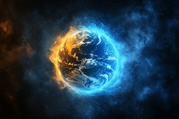 Obraz premium Vibrant representation of Earth surrounded by contrasting elements of fire and ice in a cosmic setting