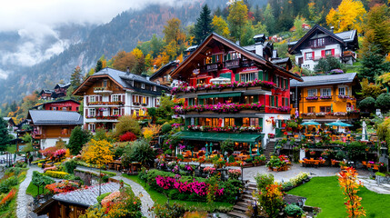 Obraz premium Autumnal mountain village, colorful houses, flowers, restaurant. Travel postcard
