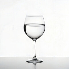 Minimalist composition of a wine glass filled with water on a white background, symbolizing purity, simplicity, and elegance in modern conceptual art