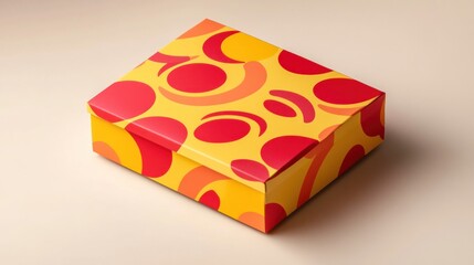 Yellow gift box with red and orange circles pattern.