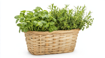 Naklejka premium Fresh herbs in woven straw basket, perfect for cooking and decoration