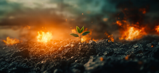 Green plant surviving in burned soil in the war zone with fire burning in the background, symbolizing hope and resilience