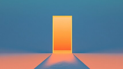 Yellow door in a blue room with light emanating.