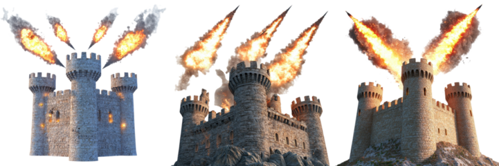 Castle under attack with fire and explosions during a fantasy battle scene at sunset