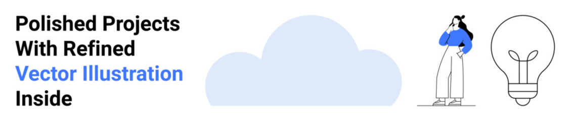 Woman in casual attire thinking, standing near a lightbulb and cloud. Ideal for innovation, brainstorming, creativity, problem-solving, decision-making, imagination, flat landing page banner